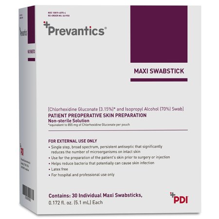 Swabstick Impregnated Prevantics® Maxi 3.15% / 70% Strength CHG (Chlorhexidine Gluconate) / Isopropyl Alcohol Individual Packet NonSterile (30/BX 10BX/CS) by PDI - Professional Disposables  ID S41950